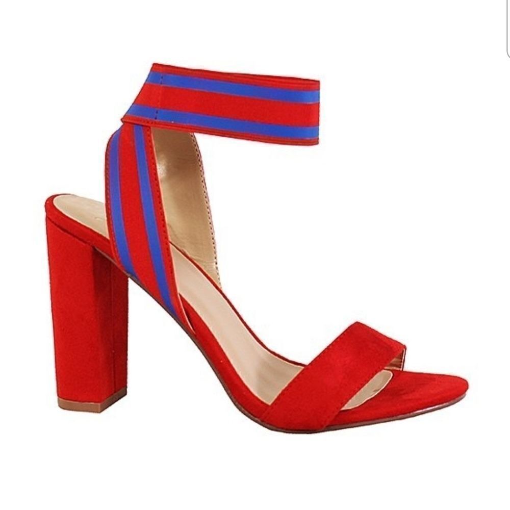 Yoki red and blue ankle strap heels